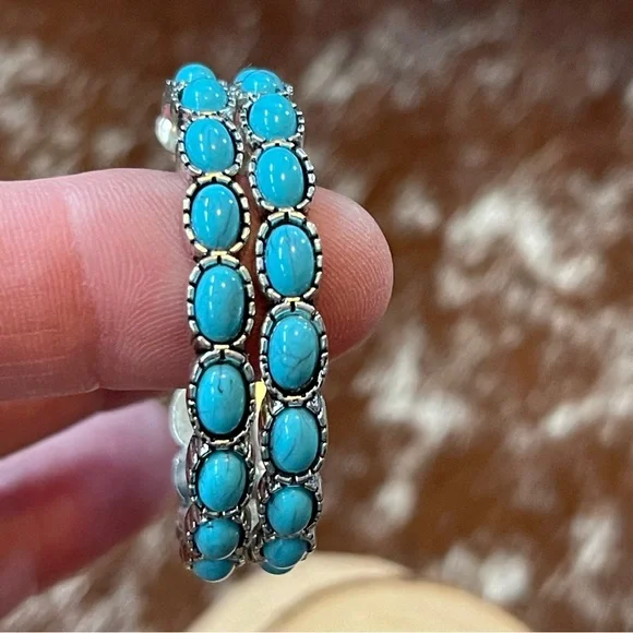 Turquoise‎ & Silver Large Hoop Earrings with Long Post for Western and Boho - Picture 2 of 9